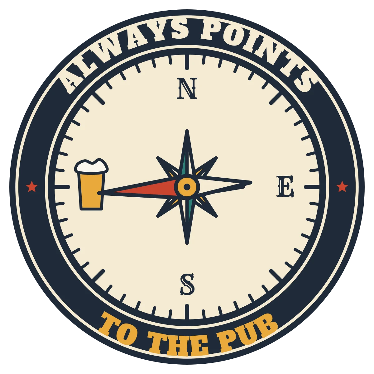 Round navy badge reading ALWAYS POINTS TO THE PUB around a compass whose needle points at a pint glass