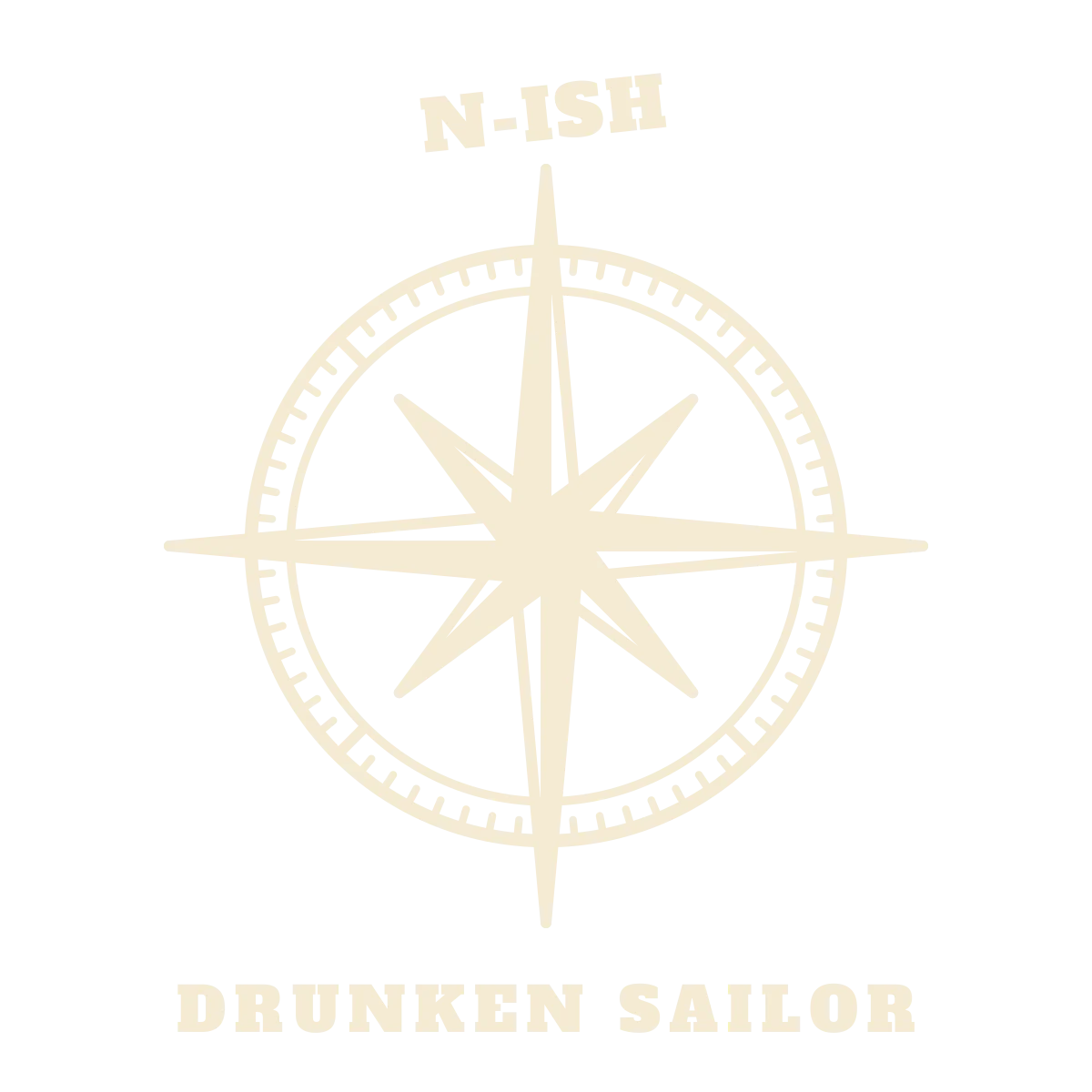 One-colour eight-point compass rose with the north marker reading N-ISH and the words DRUNKEN SAILOR below (light-ink version)