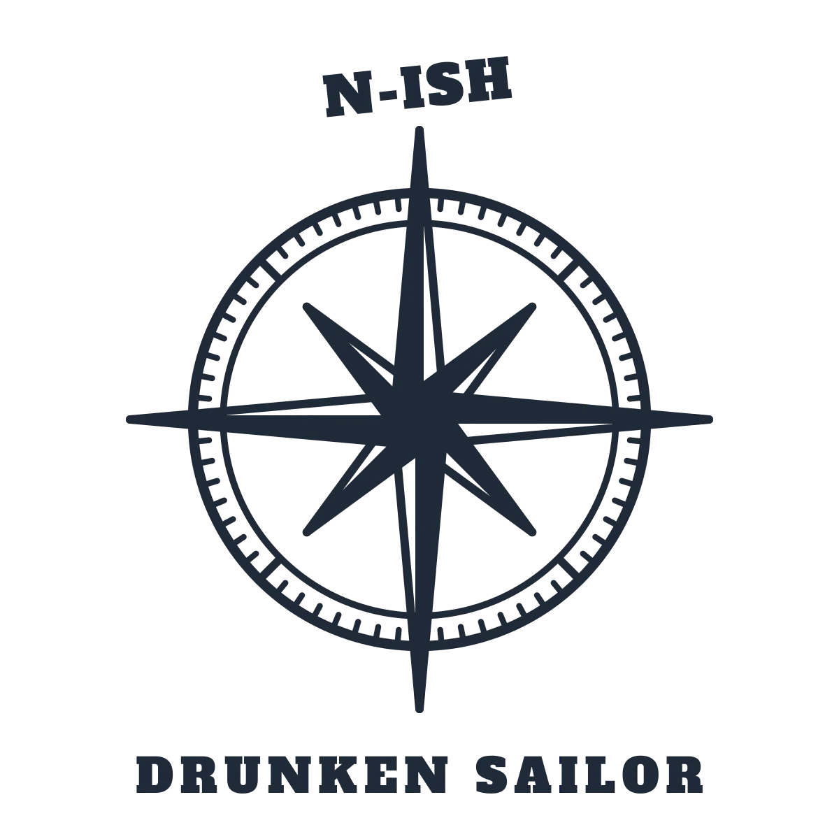 One-colour eight-point compass rose with the north marker reading N-ISH and the words DRUNKEN SAILOR below