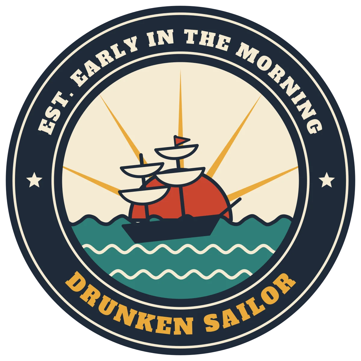 Round navy badge reading EST. EARLY IN THE MORNING and DRUNKEN SAILOR around a tall ship sailing under a rising sun