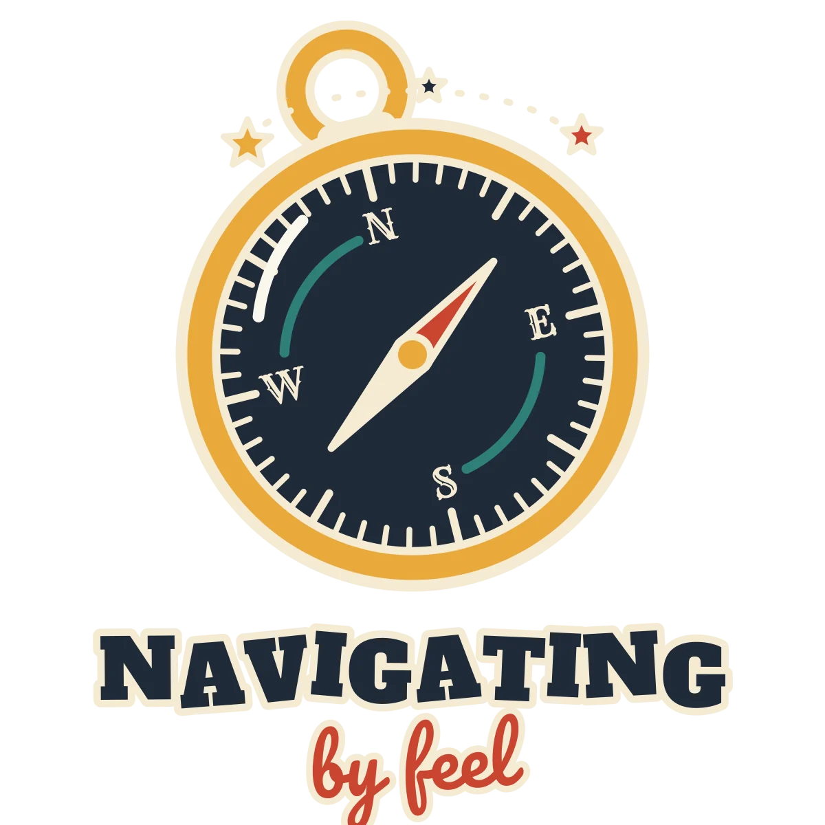 Tilted brass pocket compass with a spinning needle and dizzy stars, above the words NAVIGATING by feel (light-ink version)