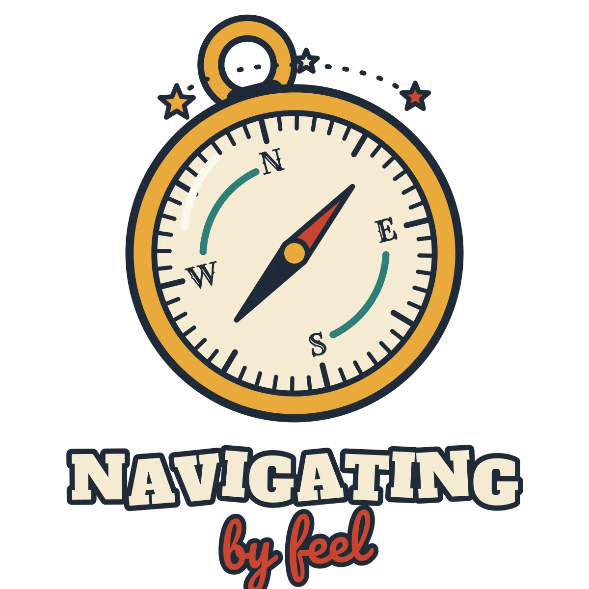 Tilted brass pocket compass with a spinning needle and dizzy stars, above the words NAVIGATING by feel