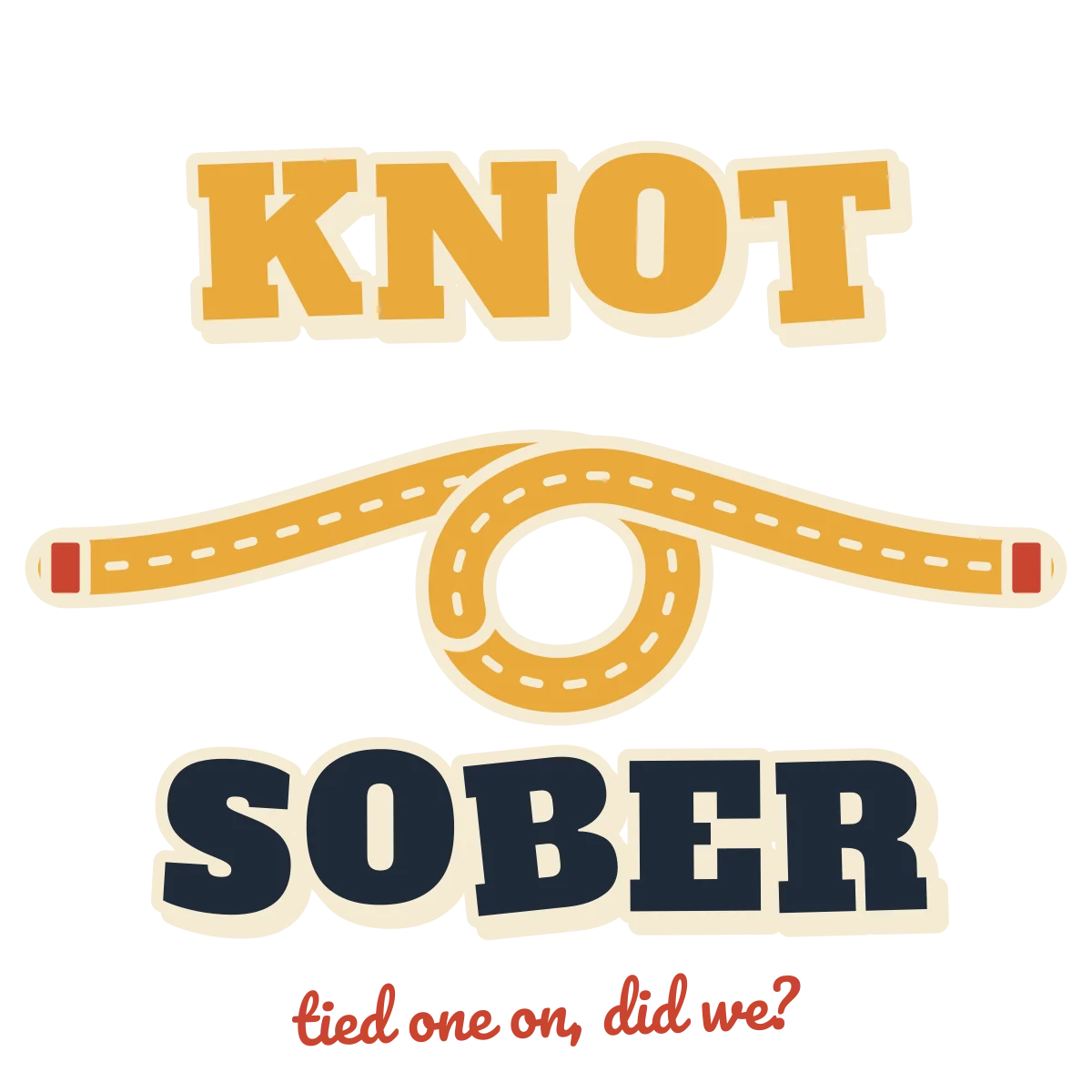 The words KNOT and SOBER with a length of rope tied into a loop between them (light-ink version)