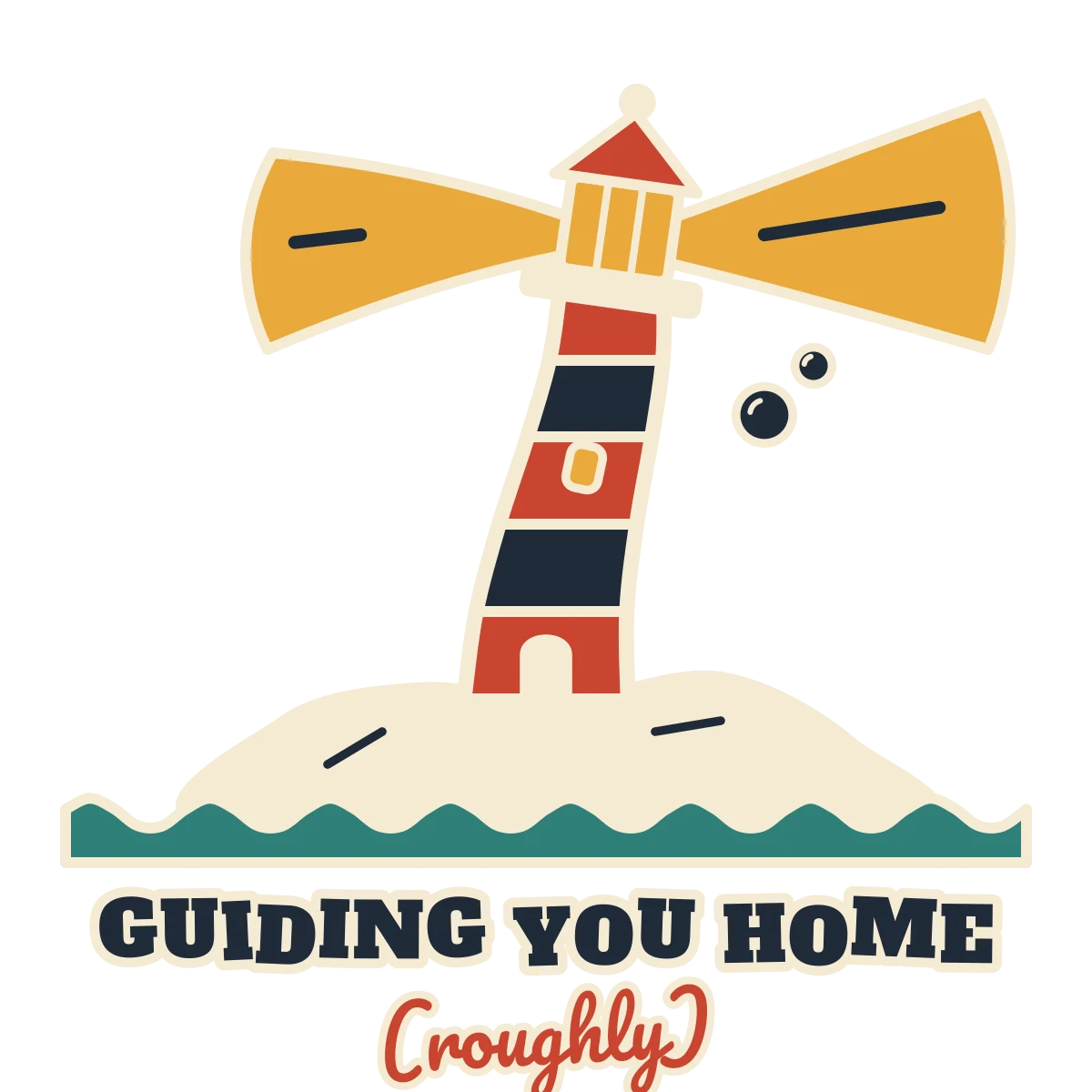 Red and white striped lighthouse leaning on a rock with two gold beams, above the words GUIDING YOU HOME (roughly) (light-ink version)