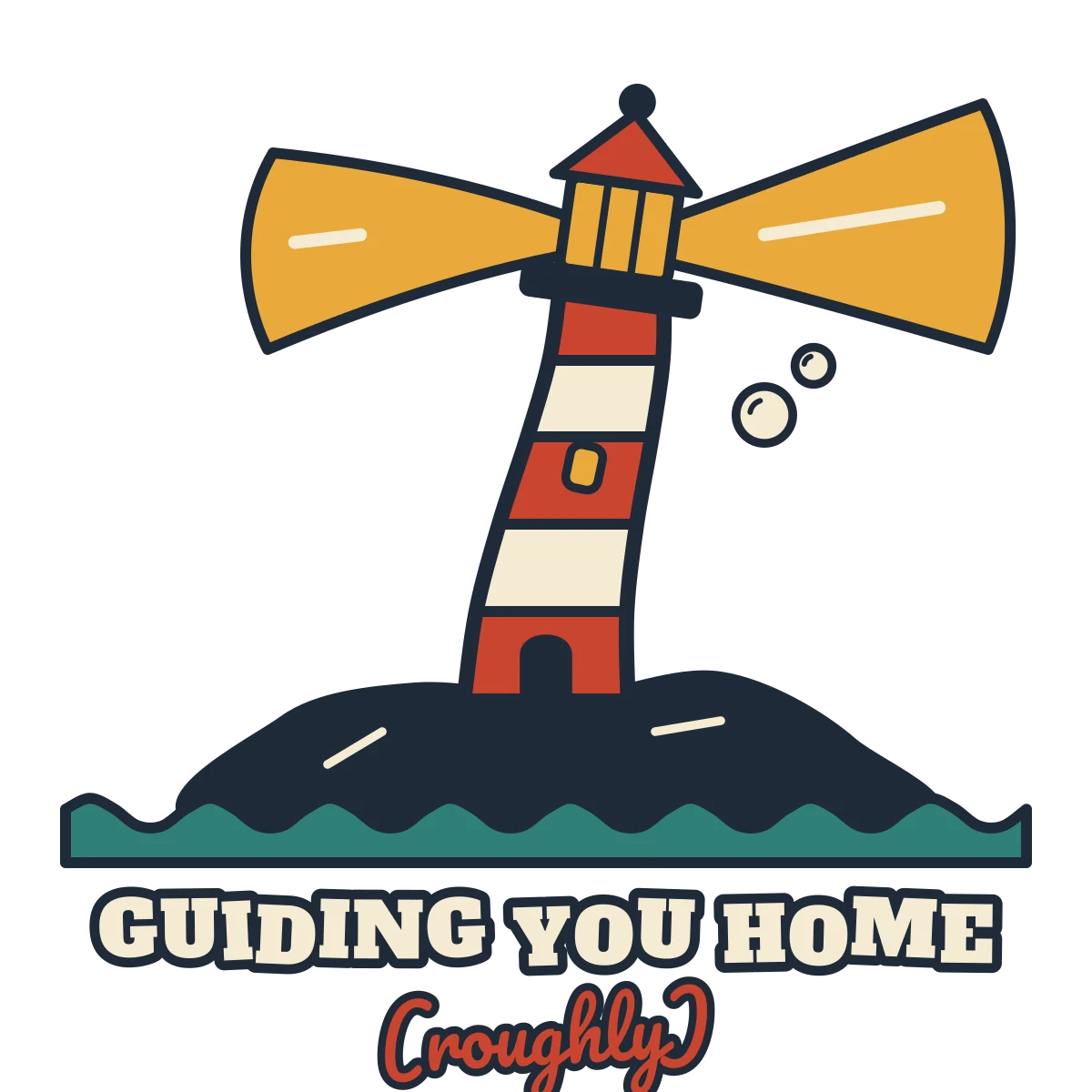 Red and white striped lighthouse leaning on a rock with two gold beams, above the words GUIDING YOU HOME (roughly)