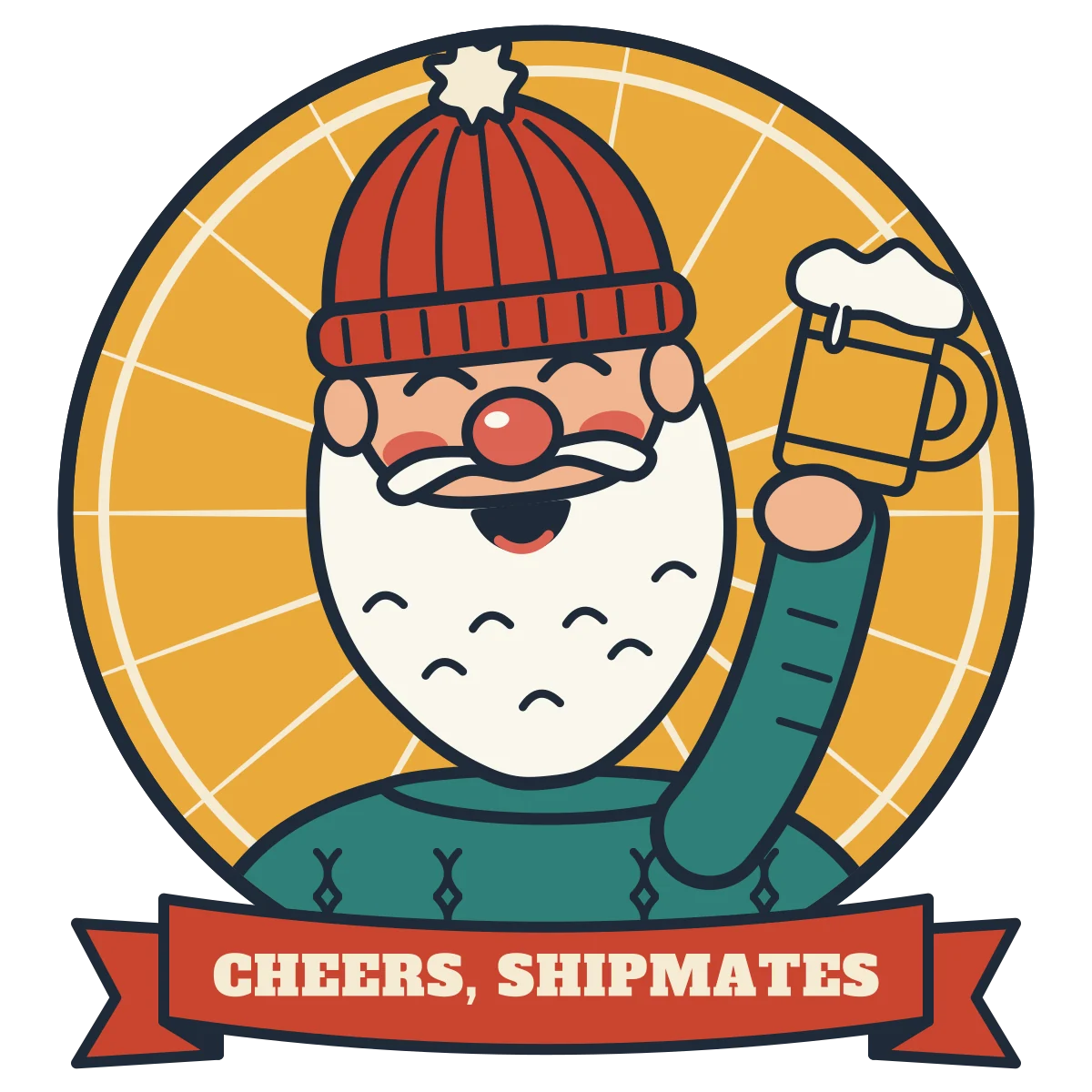 Bearded old sailor in a red beanie and teal jumper raising a foaming tankard, with a banner reading CHEERS, SHIPMATES