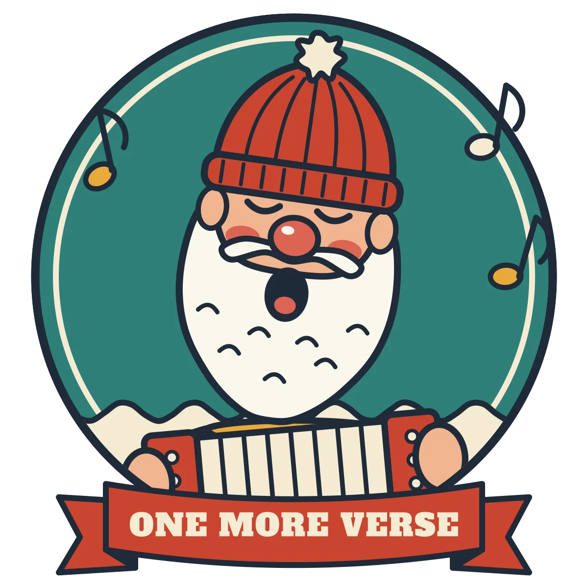 Bearded old sailor in a red beanie singing with his eyes closed and playing a squeezebox, with a banner reading ONE MORE VERSE