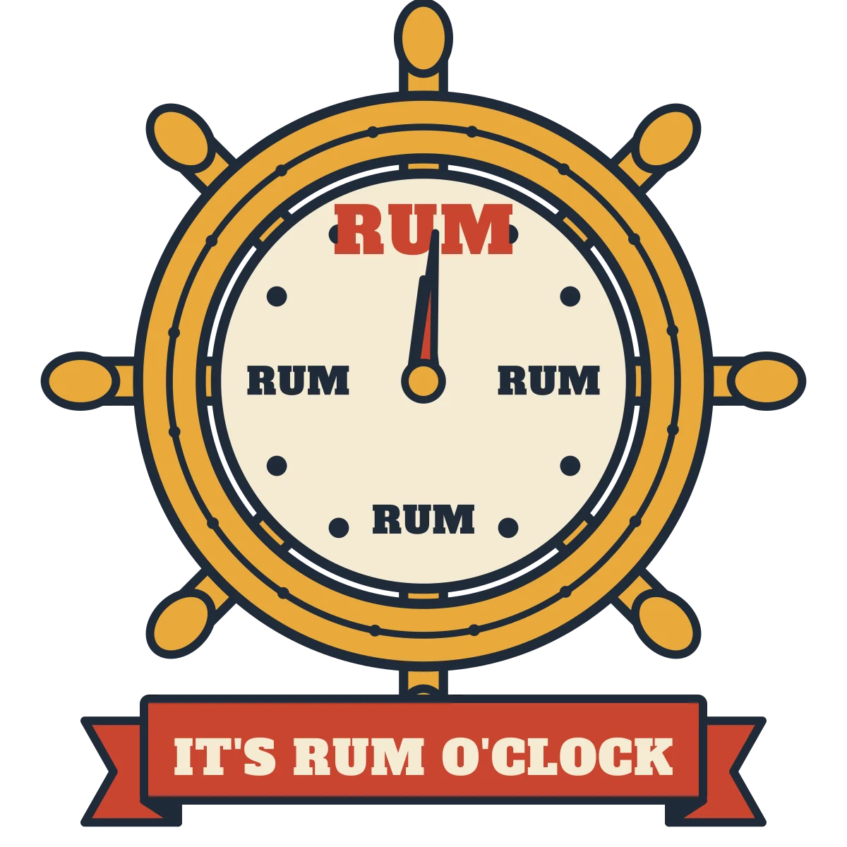 Brass ship's wheel with a clock face where every number reads RUM, above a red banner reading IT'S RUM O'CLOCK