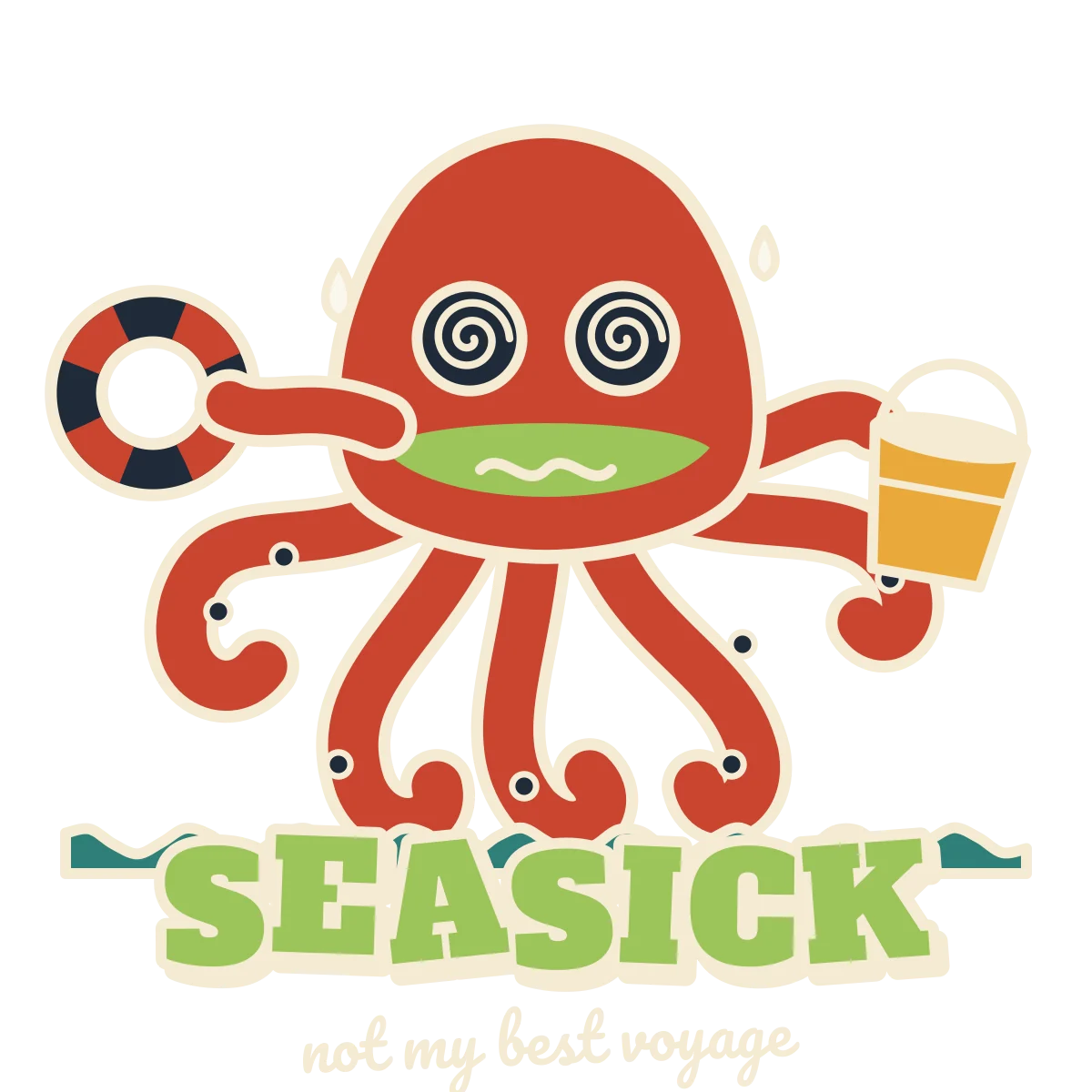 Red octopus with spiral eyes and a green face holding a bucket and a life ring, above the word SEASICK (light-ink version)