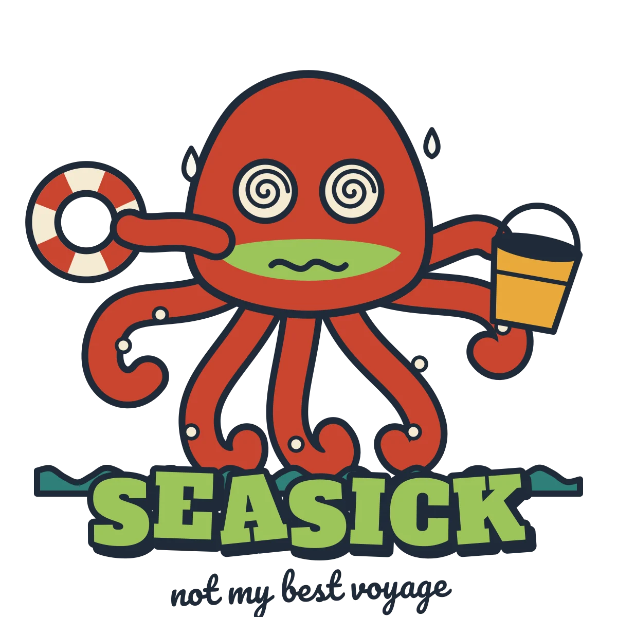 Red octopus with spiral eyes and a green face holding a bucket and a life ring, above the word SEASICK