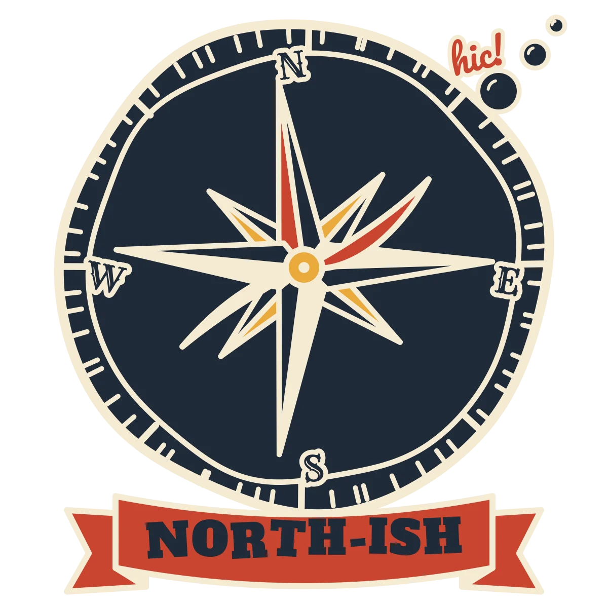 Cream compass with a bent red needle, hiccup bubbles and a red banner reading NORTH-ISH (light-ink version)