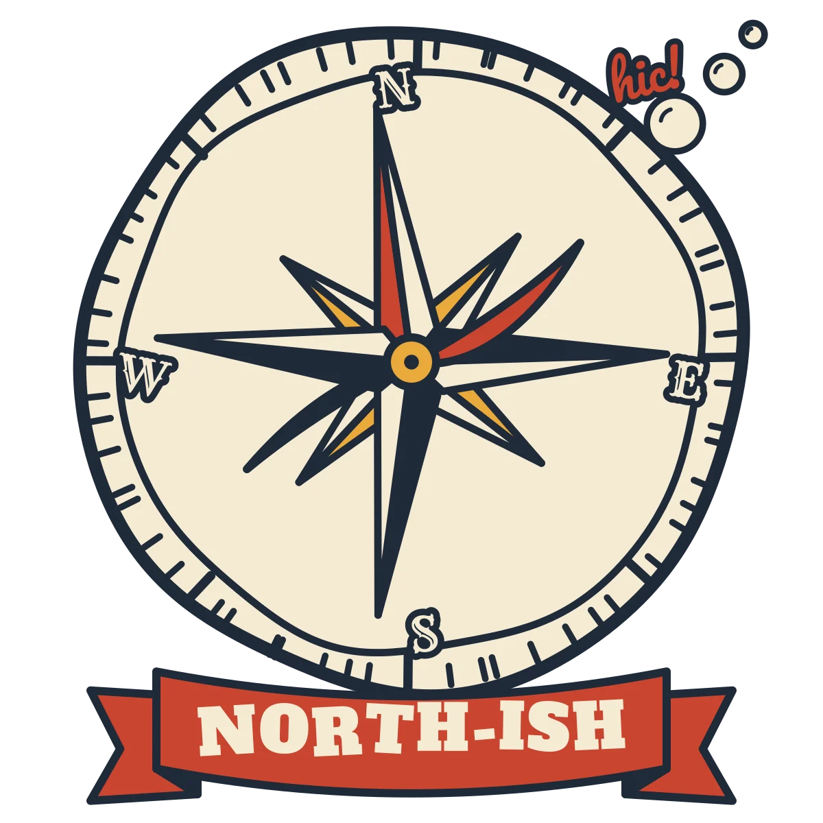 Cream compass with a bent red needle, hiccup bubbles and a red banner reading NORTH-ISH