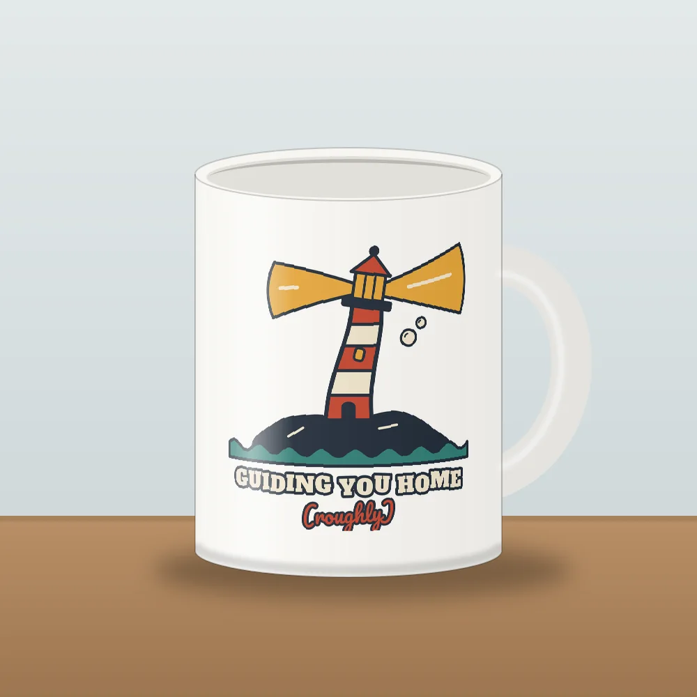 Leaning Lighthouse design shown on the White Mug (11 oz)